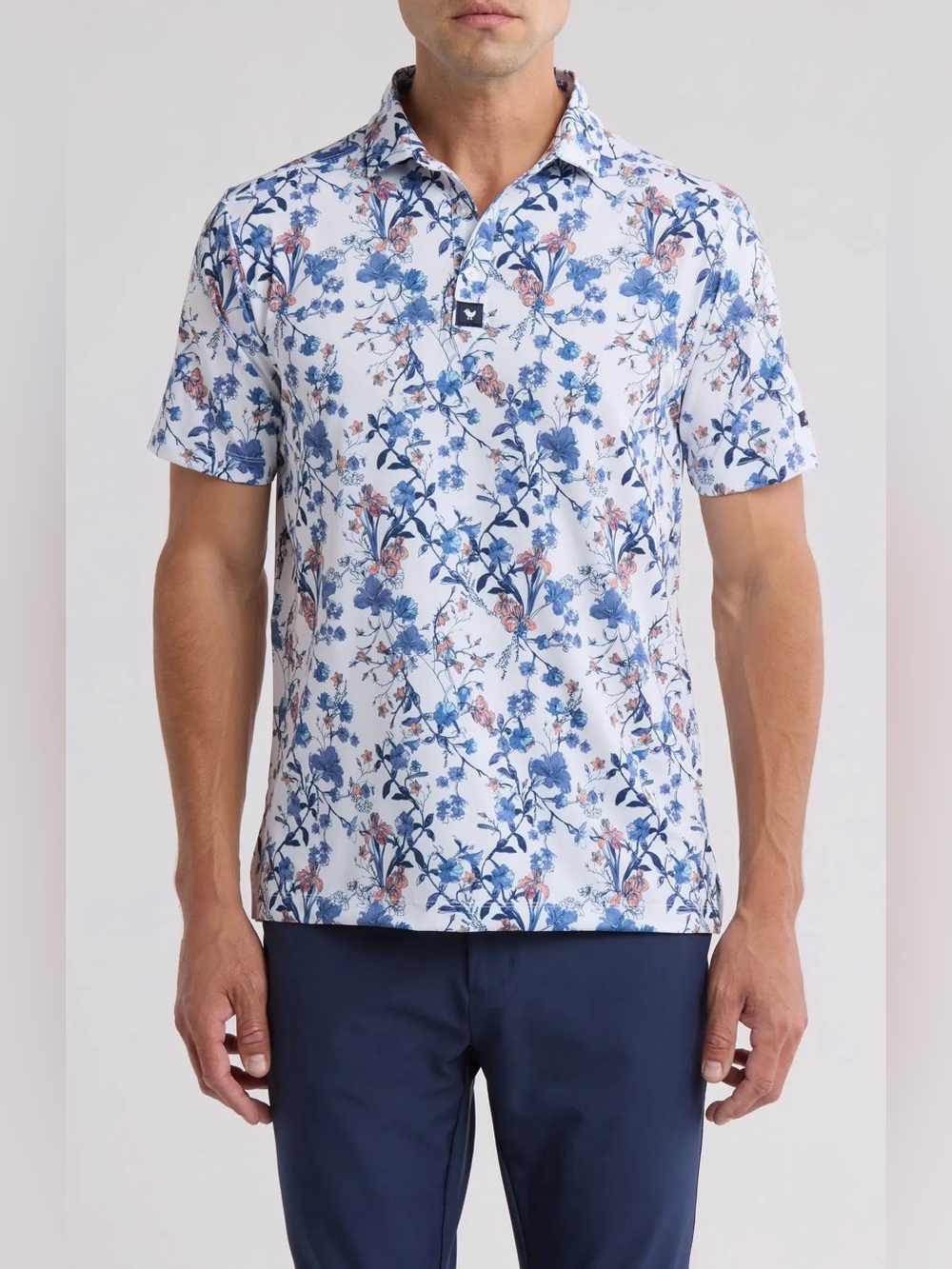 Bad Birdie White Polo with Blue and Pink Floral Print